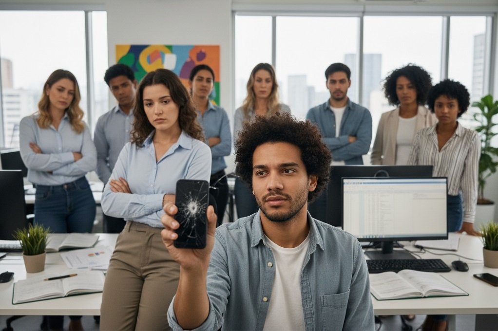 Empresário com celular necessitando de reparo técnico